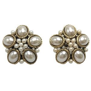 Vintage Pearl Cluster Earrings Floral Gold Costume Glam Statement Evening
